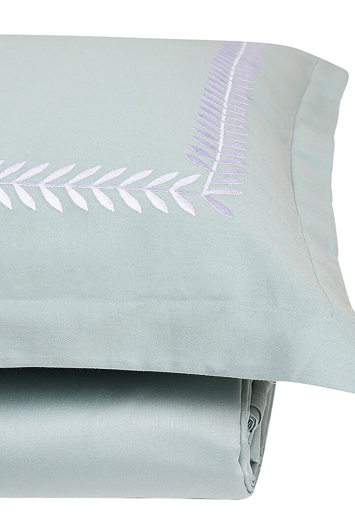 Frosty Green Satin Embroidered Bedsheet Set by Veda Homes at Pernia's Pop Up Shop