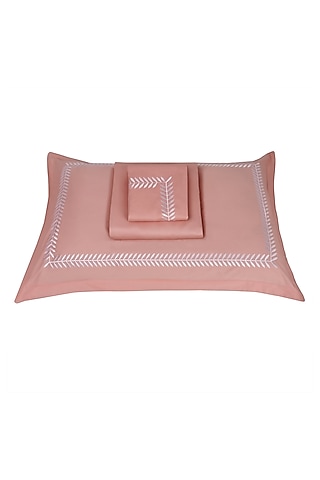 Coral Peach Satin Embroidered Bedsheet Set by Veda Homes