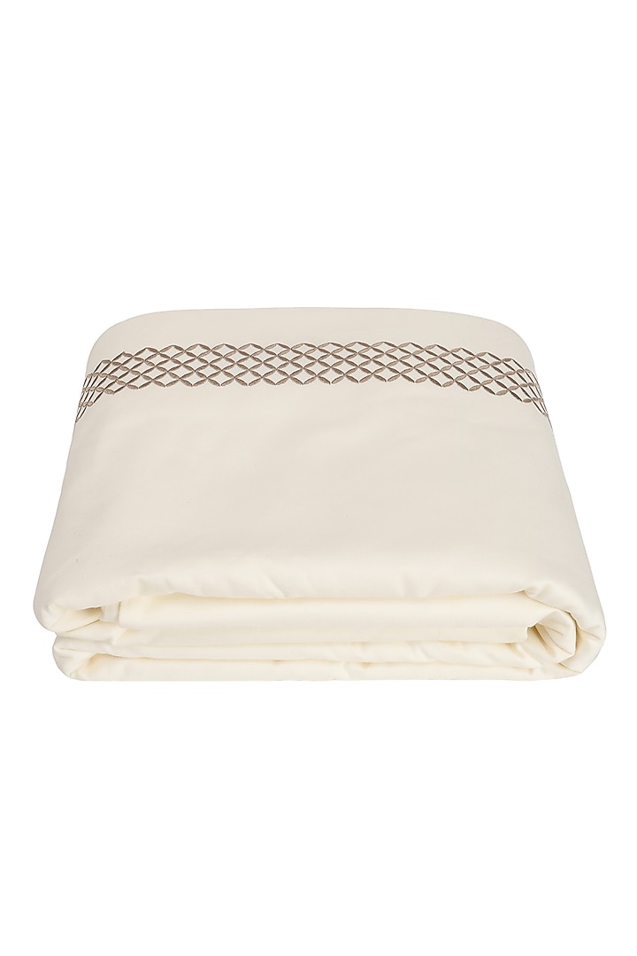 Cream Satin Thread Embroidered Duvet Cover by Veda Homes
