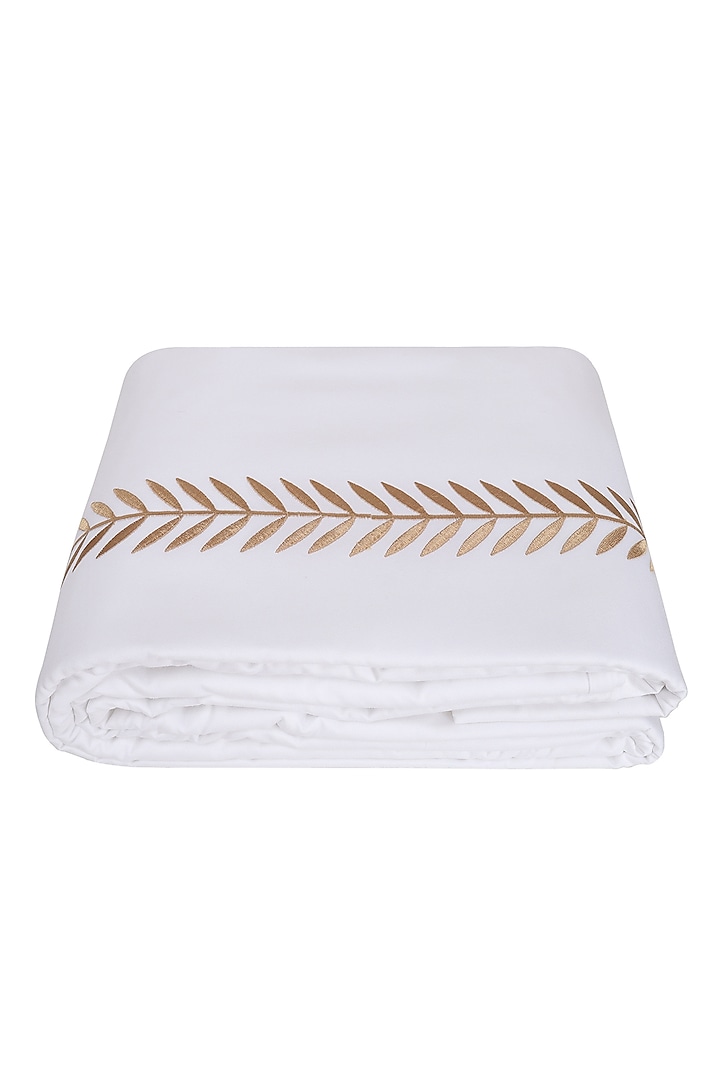 White Satin Embroidered Duvet Cover by Veda Homes