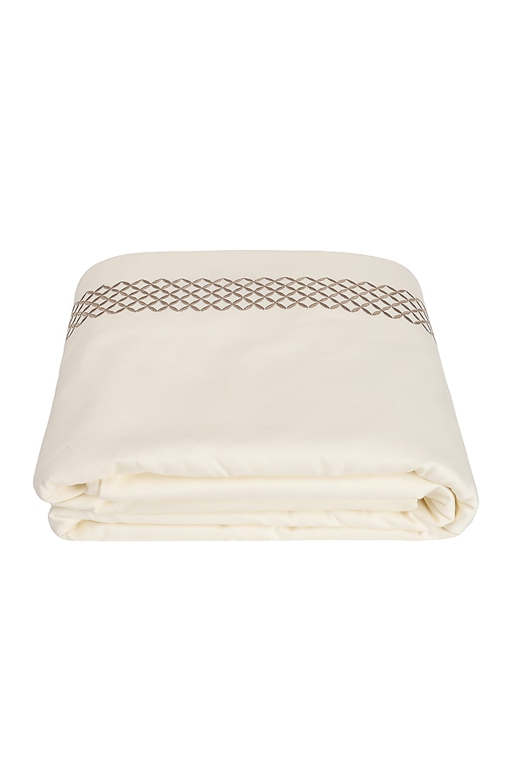 Cream Satin Thread Embroidered Duvet Cover by Veda Homes