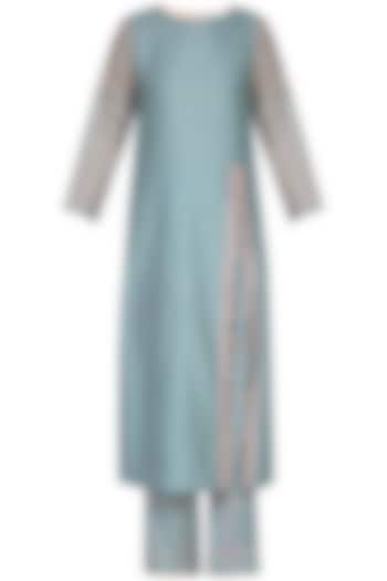 Grey Embroidered & Block Printed Kurta Set by Devnaagri at Pernia's Pop Up Shop