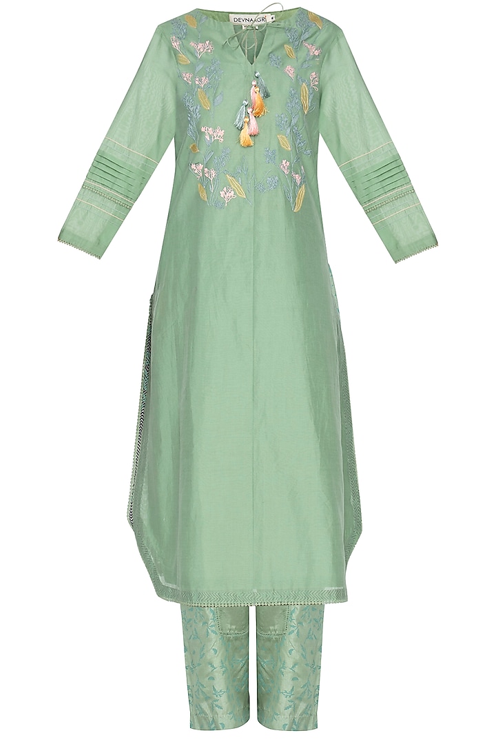 Green Embroidered Kurta With Block Printed Palazzo Pants by Devnaagri