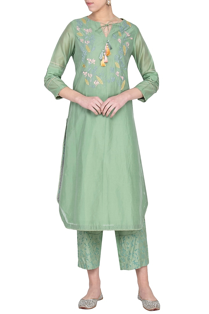 Green Embroidered Kurta With Block Printed Palazzo Pants by Devnaagri at Pernia's Pop Up Shop