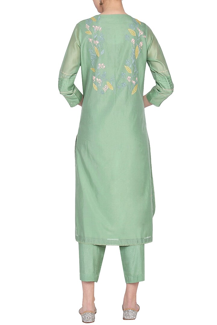 Green Embroidered Kurta With Block Printed Palazzo Pants by Devnaagri at Pernia's Pop Up Shop