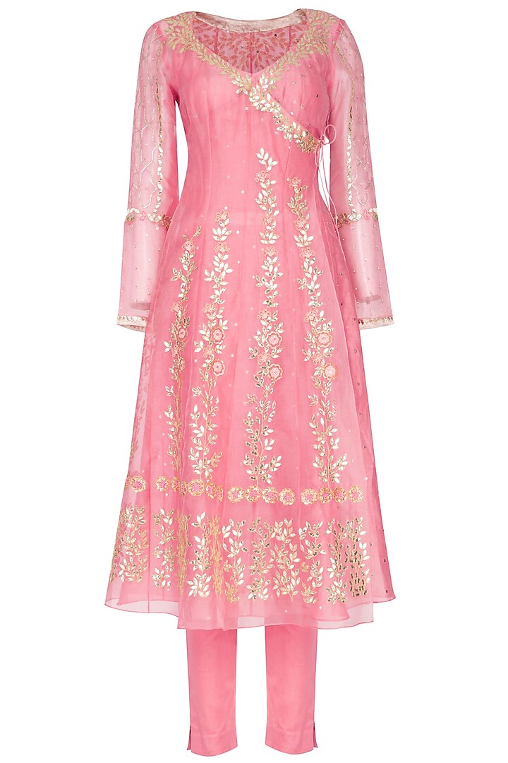 Pink Embroidered Angrakha Kurta With Pants by Devnaagri at Pernia's Pop Up Shop