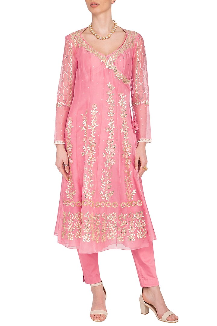 Pink Embroidered Angrakha Kurta With Pants by Devnaagri at Pernia's Pop Up Shop