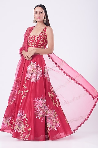 Fuchsia Hand Painted Lehenga Set by Devnaagri
