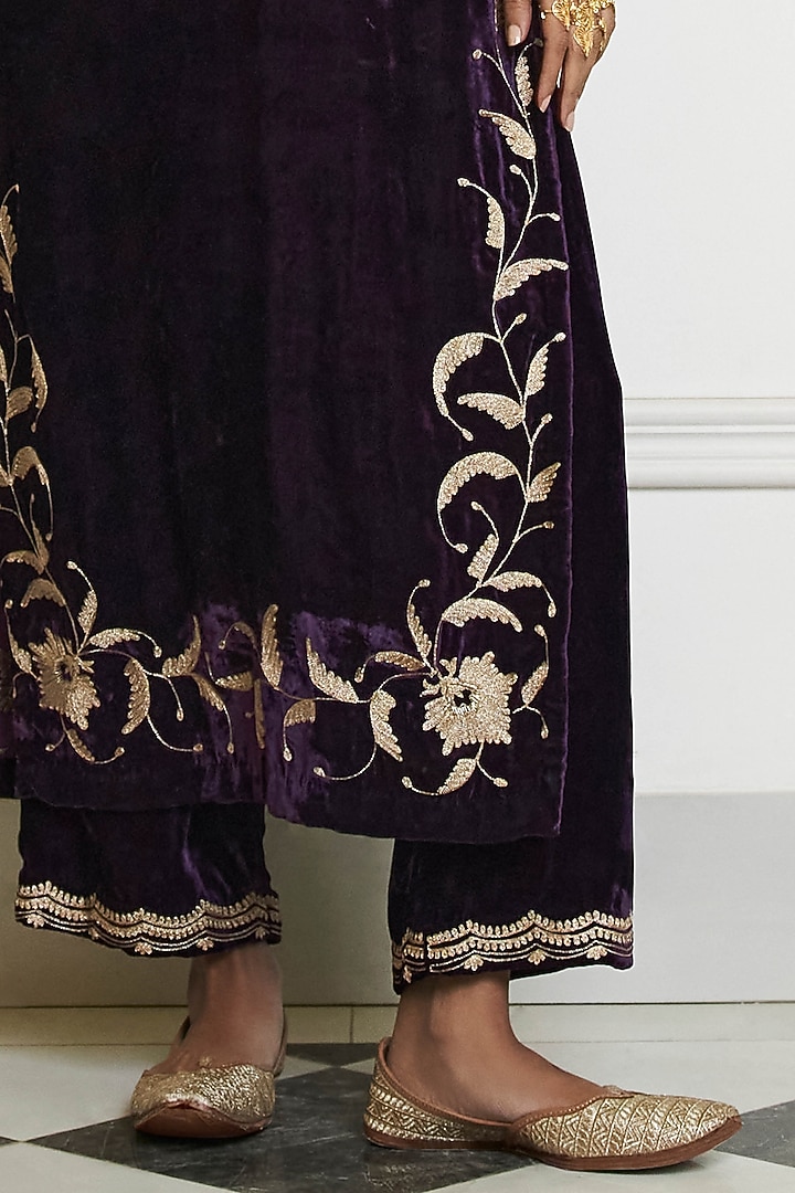 Deep Purple Velvet Zardosi Embroidered Straight Kurta Set by Devnaagri at Pernia's Pop Up Shop