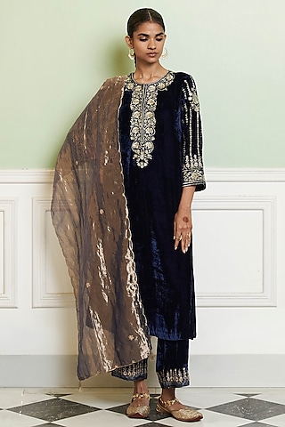 Navy Blue Velvet Zardosi Embroidered Straight Kurta Set by Devnaagri