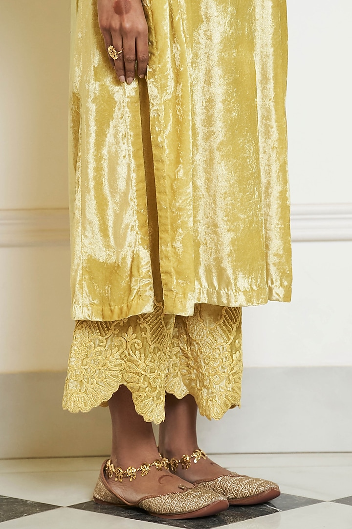 Lemon Yellow Velvet Dori Embroidered Straight Kurta Set by Devnaagri at Pernia's Pop Up Shop