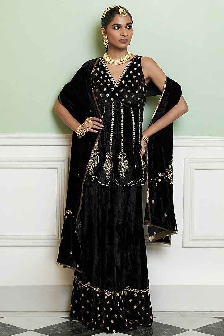 Black Velvet Hand Embroidered Sharara Set by Devnaagri at Pernia's Pop Up Shop