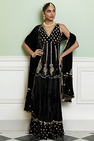 Black Velvet Hand Embroidered Sharara Set by Devnaagri