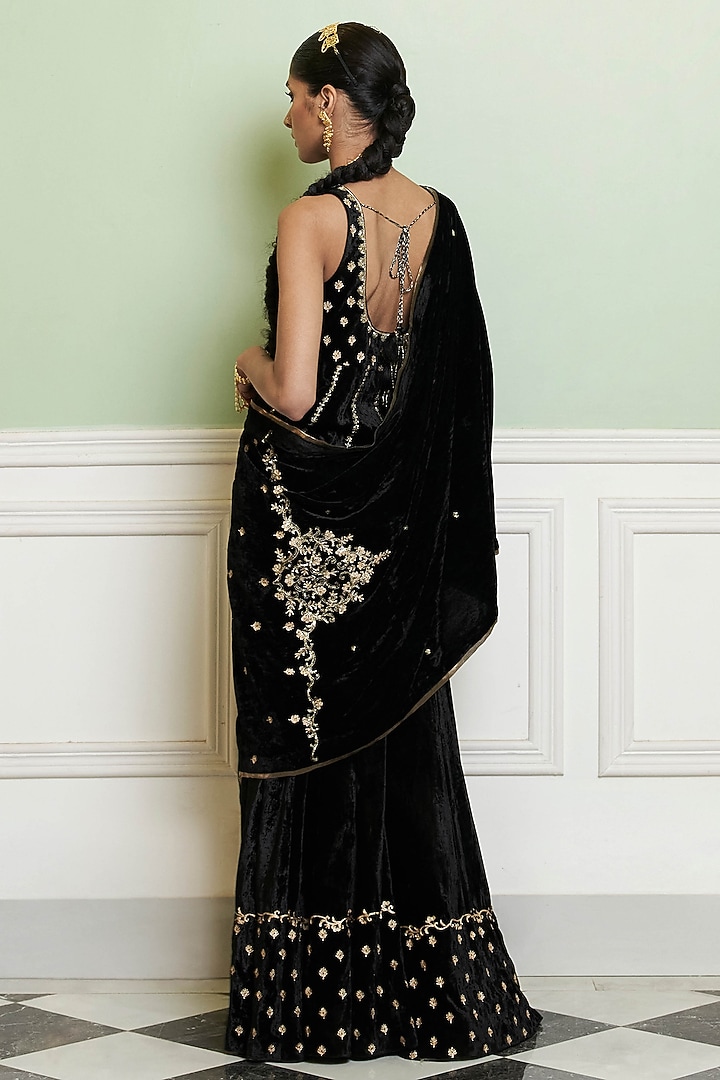 Black Velvet Hand Embroidered Bridal Sharara Set by Devnaagri at Pernia's Pop Up Shop
