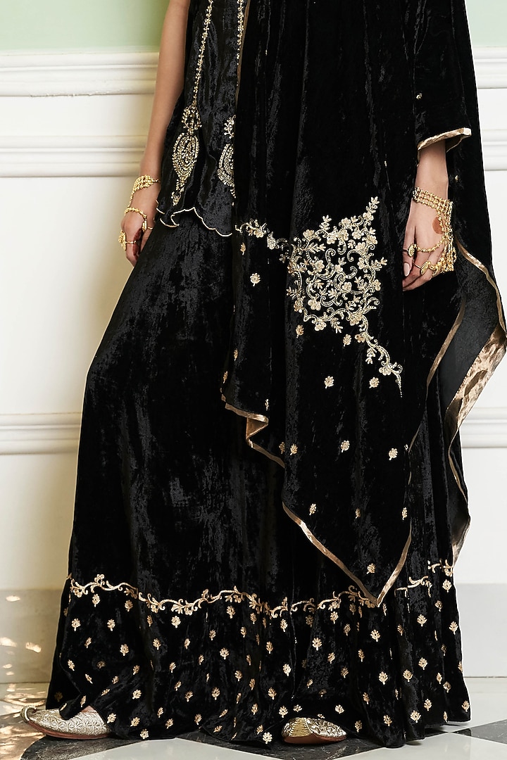Black Velvet Hand Embroidered Bridal Sharara Set by Devnaagri at Pernia's Pop Up Shop