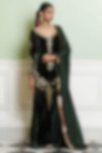 Emerald Green Velvet Flared Gharara Set by Devnaagri at Pernia's Pop Up Shop