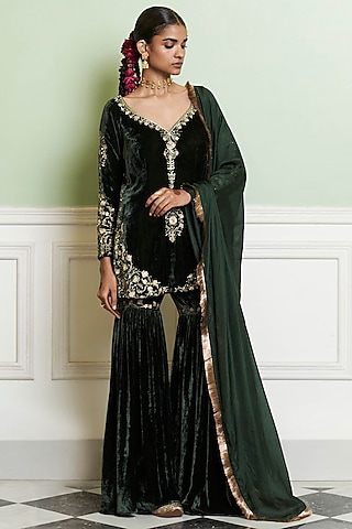 Emerald Green Velvet Flared Gharara Set by Devnaagri