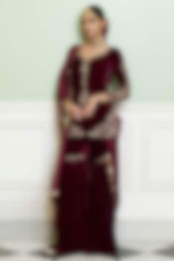 Wine Velvet Flared Gharara Set by Devnaagri at Pernia's Pop Up Shop