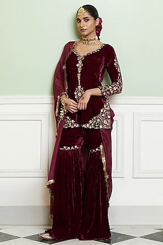 Wine Velvet Flared Gharara Set by Devnaagri