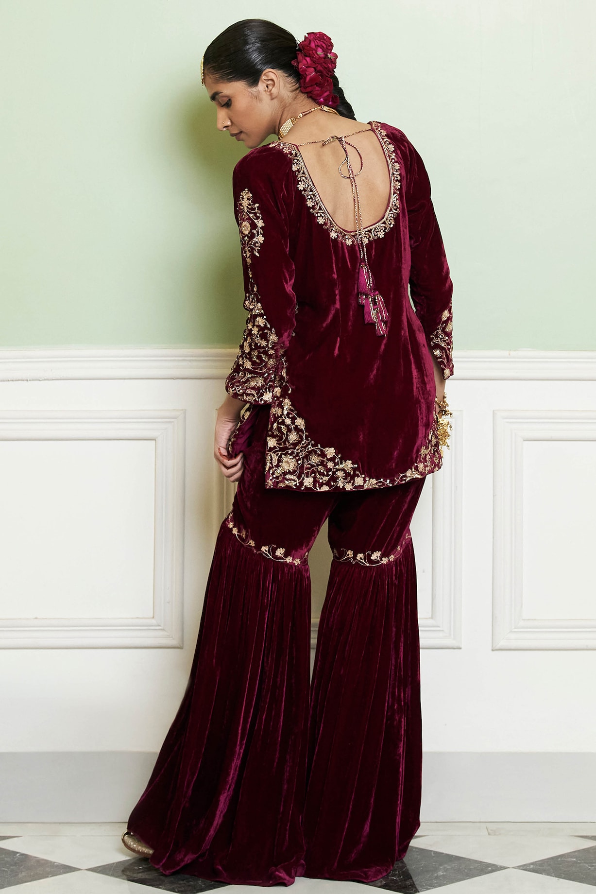 Cream Printed Rayon Flared Gharara