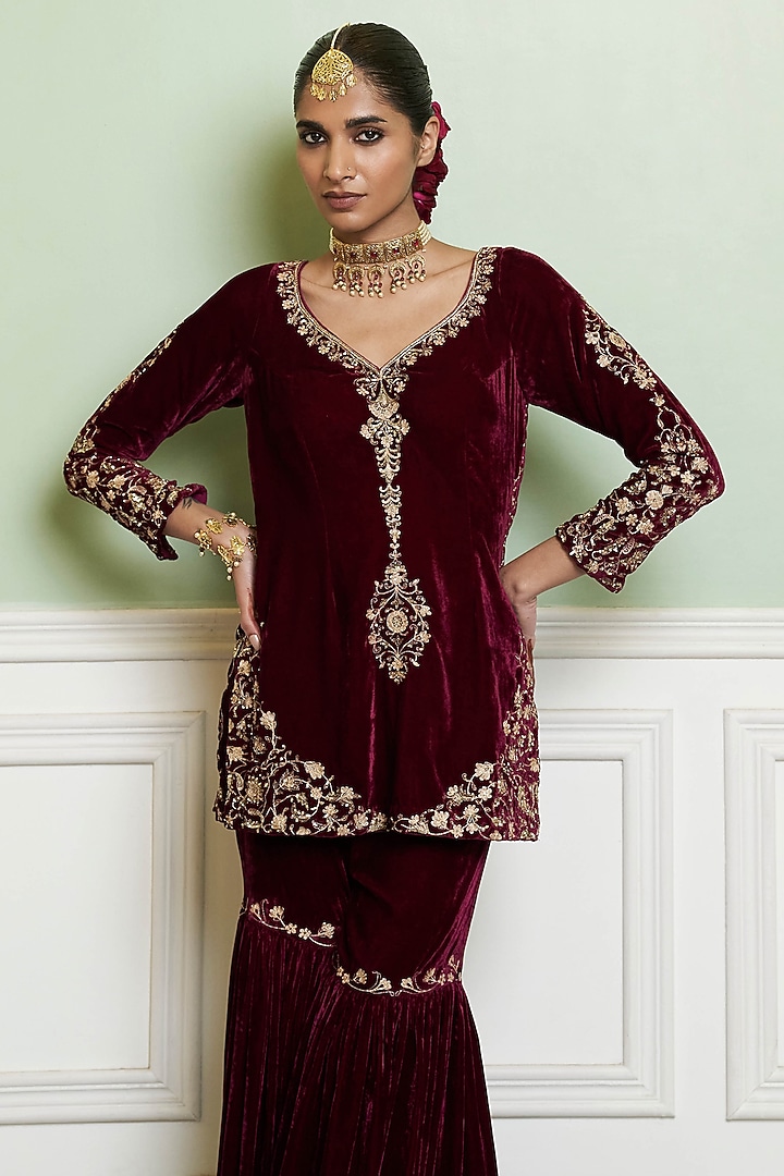 Wine Velvet Flared Gharara Set by Devnaagri at Pernia's Pop Up Shop