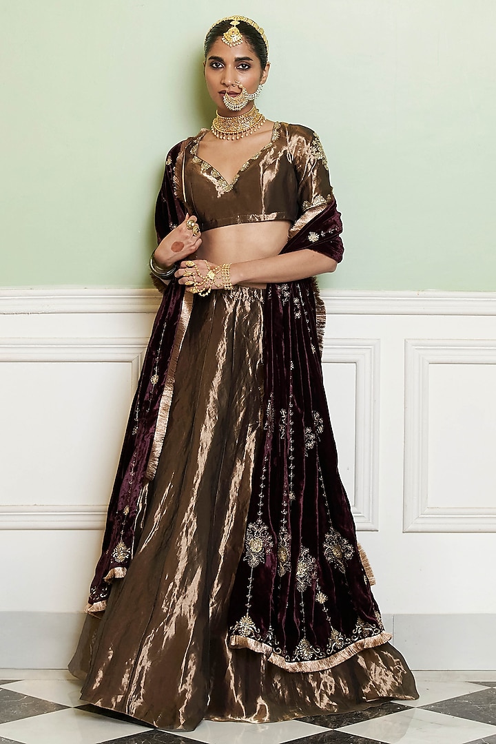 Gold Silk Tissue Zardosi Embroidered Bridal Lehenga Set by Devnaagri at Pernia's Pop Up Shop