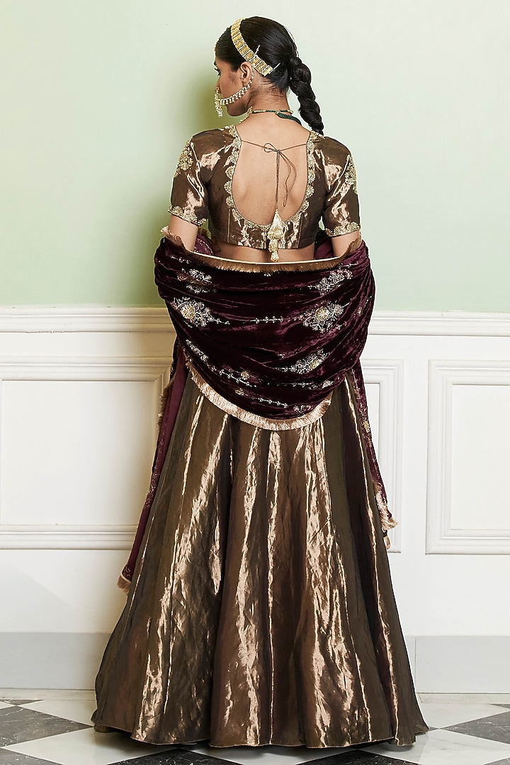 Gold Silk Tissue Zardosi Embroidered Bridal Lehenga Set by Devnaagri at Pernia's Pop Up Shop
