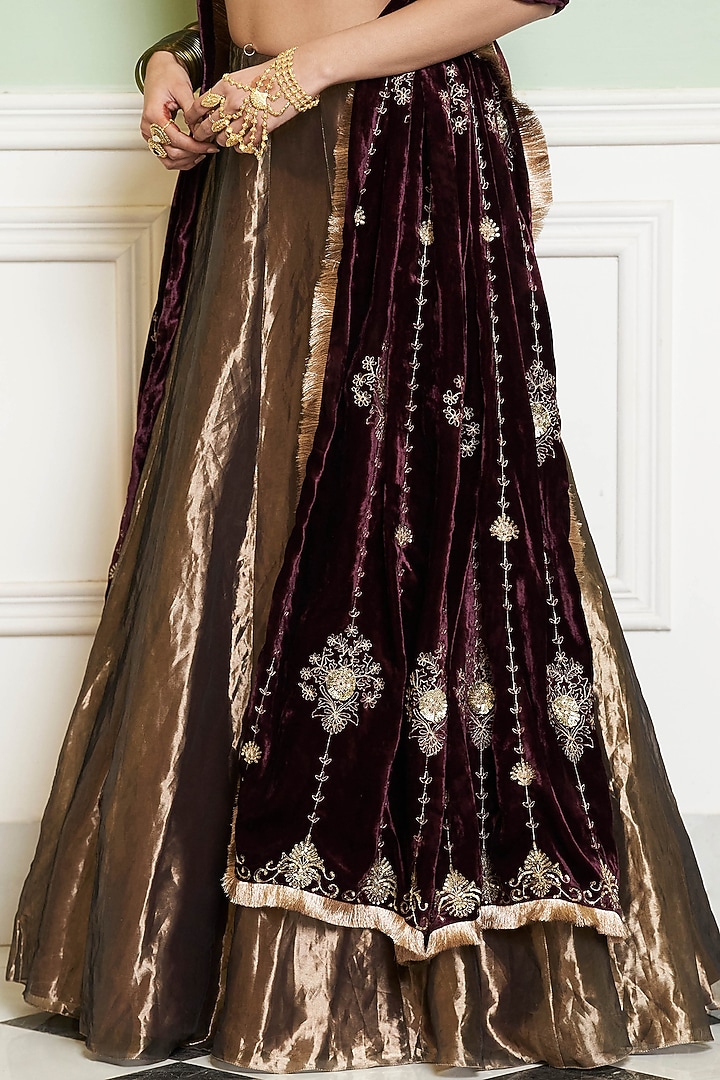 Gold Silk Tissue Zardosi Embroidered Bridal Lehenga Set by Devnaagri at Pernia's Pop Up Shop