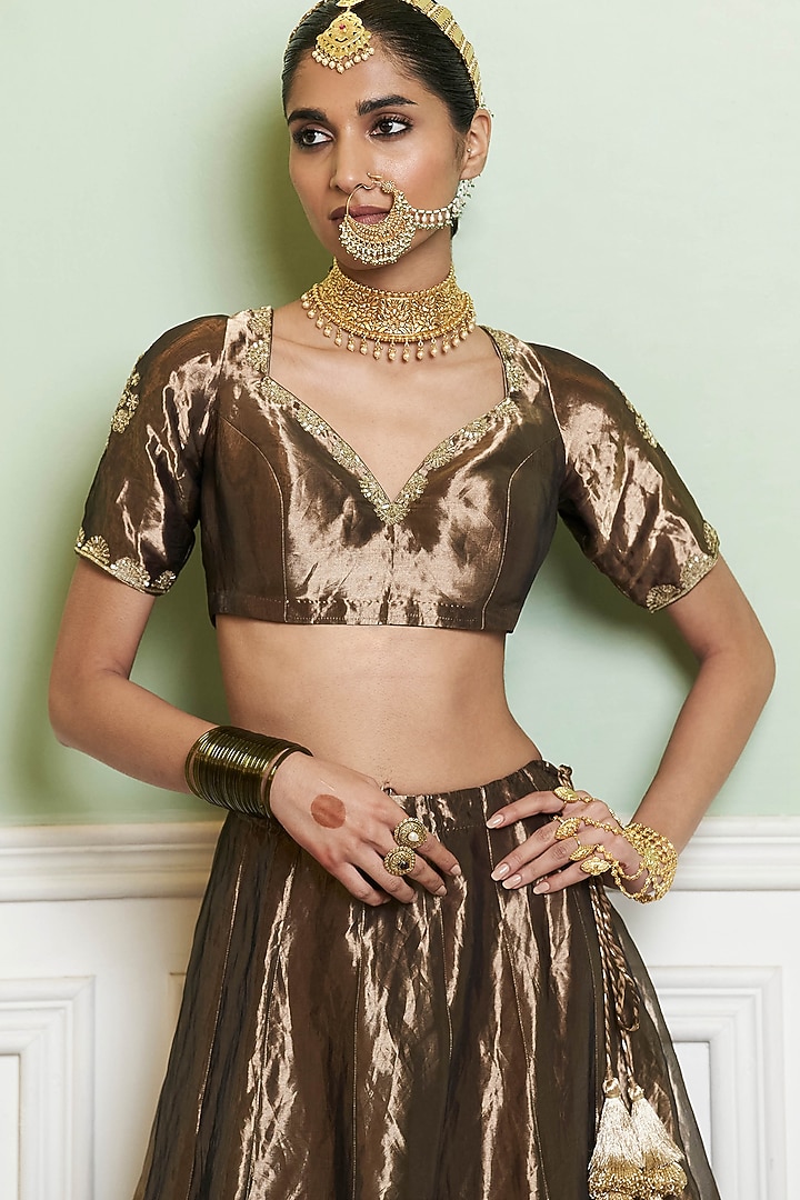 Gold Silk Tissue Zardosi Embroidered Bridal Lehenga Set by Devnaagri at Pernia's Pop Up Shop