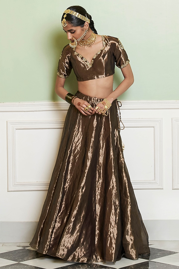 Gold Silk Tissue Zardosi Embroidered Bridal Lehenga Set by Devnaagri at Pernia's Pop Up Shop