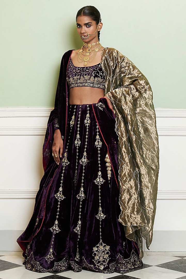 Deep Purple Velvet Zardosi Embroidered Bridal Lehenga Set by Devnaagri at Pernia's Pop Up Shop