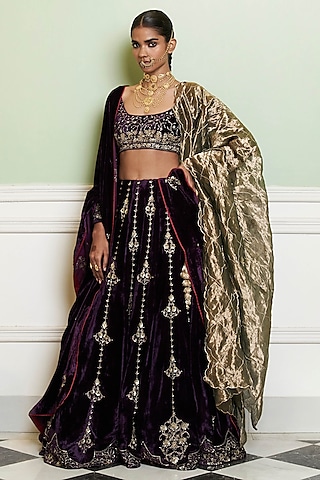 Deep Purple Velvet Zardosi Embroidered Lehenga Set by Devnaagri