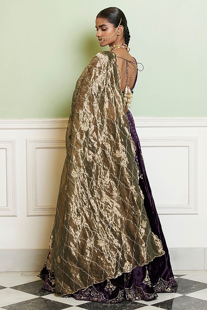 Deep Purple Velvet Zardosi Embroidered Bridal Lehenga Set by Devnaagri at Pernia's Pop Up Shop