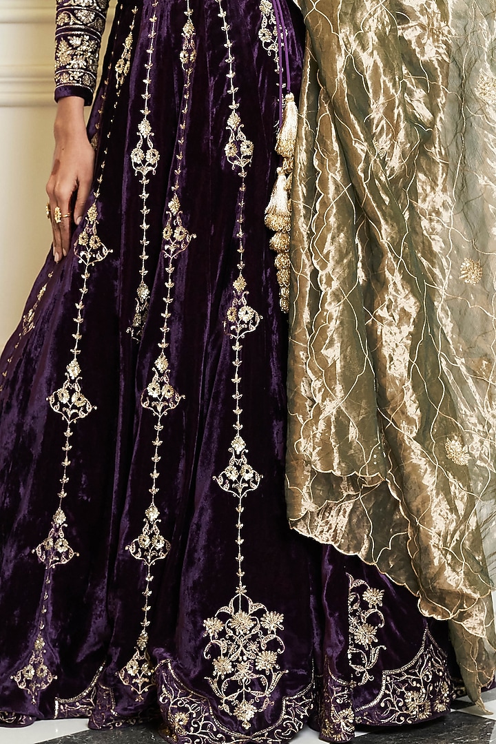 Deep Purple Velvet Zardosi Embroidered Bridal Lehenga Set by Devnaagri at Pernia's Pop Up Shop