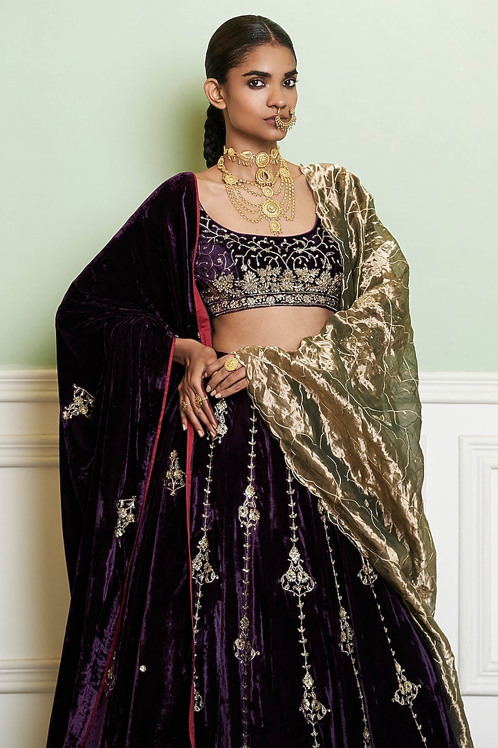 Deep Purple Velvet Zardosi Embroidered Bridal Lehenga Set by Devnaagri at Pernia's Pop Up Shop