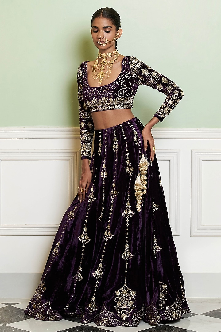 Deep Purple Velvet Zardosi Embroidered Bridal Lehenga Set by Devnaagri at Pernia's Pop Up Shop
