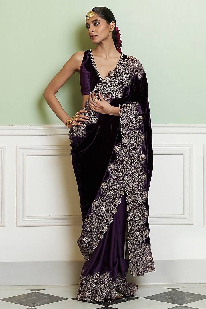 Deep Purple Velvet Aari Embroidered Saree Set by Devnaagri at Pernia's Pop Up Shop