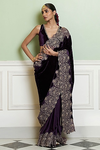 Deep Purple Velvet Aari Embroidered Saree Set by Devnaagri