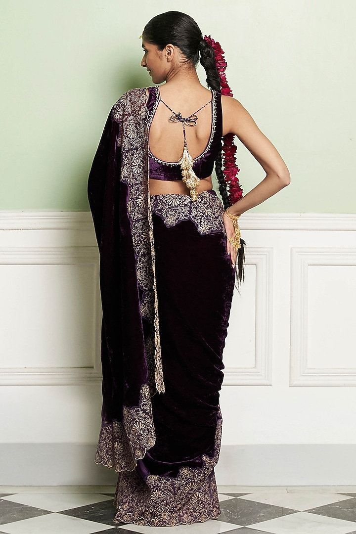 Deep Purple Velvet Aari Embroidered Wedding Saree Set by Devnaagri at Pernia's Pop Up Shop