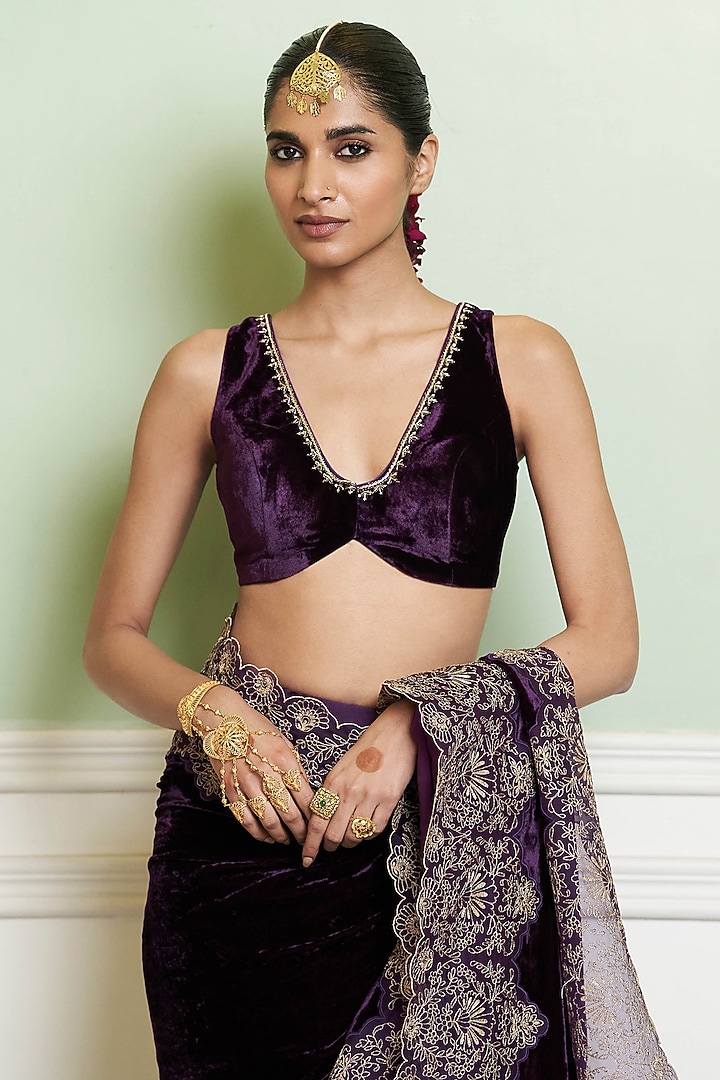Deep Purple Velvet Aari Embroidered Wedding Saree Set by Devnaagri at Pernia's Pop Up Shop