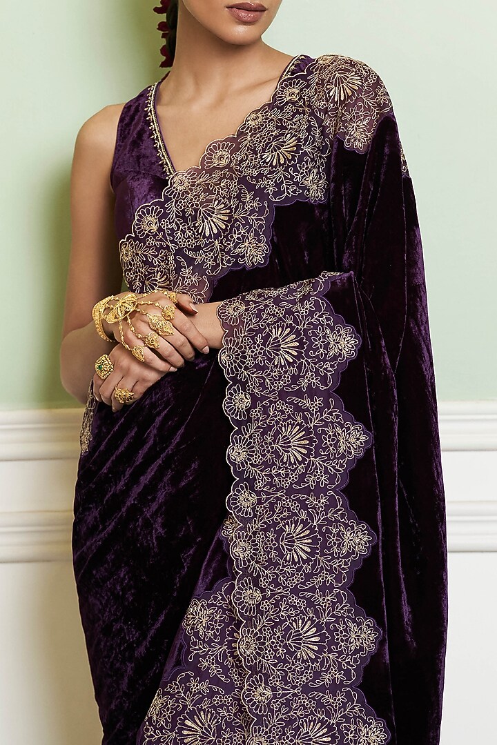Deep Purple Velvet Aari Embroidered Wedding Saree Set by Devnaagri at Pernia's Pop Up Shop