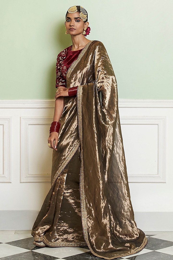 Gold Silk Tissue Zardosi Embroidered Saree Set by Devnaagri at Pernia's Pop Up Shop