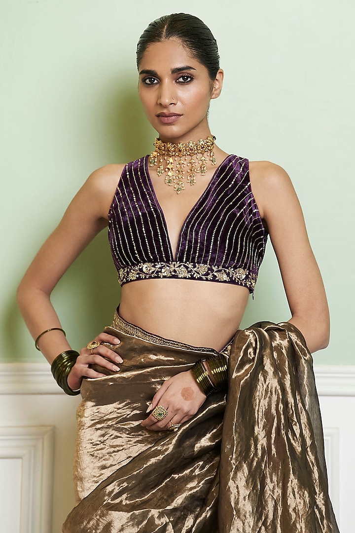 Ivory gold silk tissue pre-drape sari set