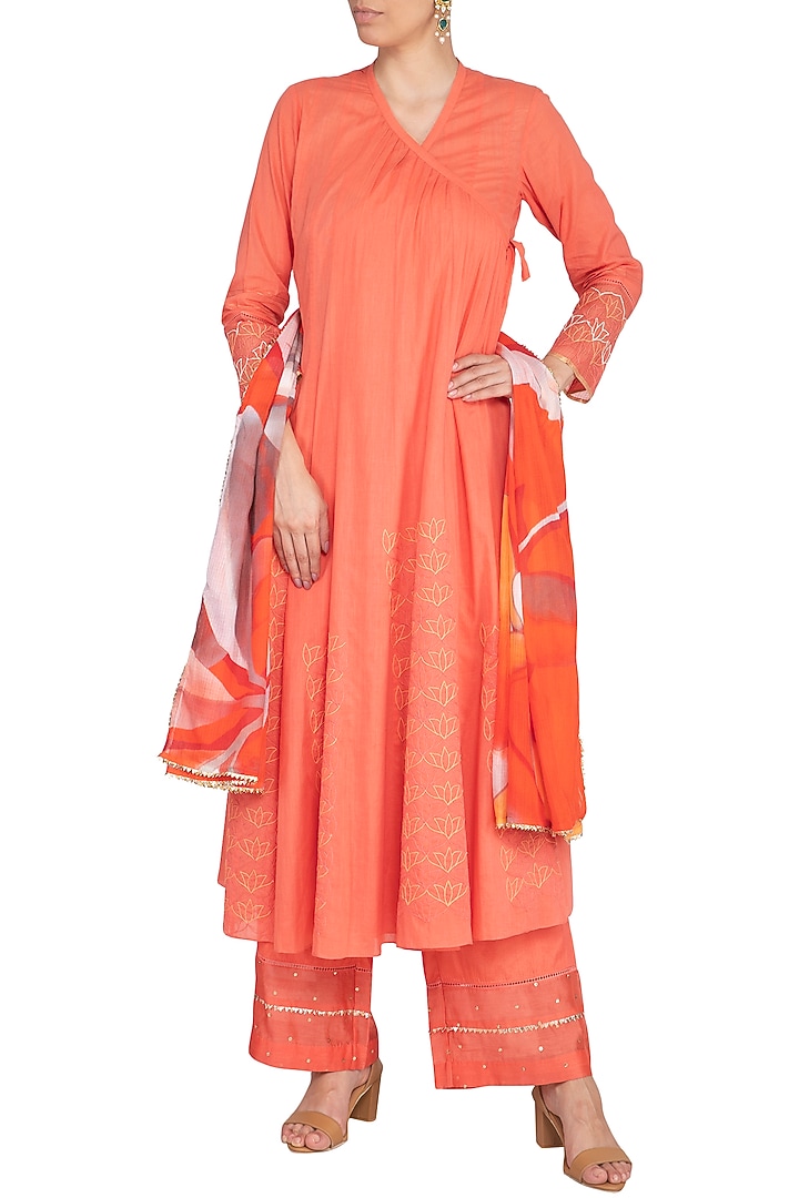 Coral Embroidered & Digital Printed Angrakha Set by Devnaagri at Pernia's Pop Up Shop