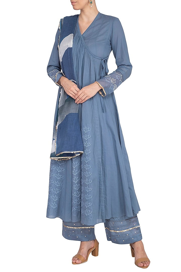Blue Embroidered & Digital Printed Angrakha Set by Devnaagri at Pernia's Pop Up Shop