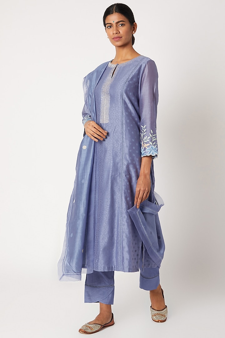 Blue Printed & Embroidered Kurta Set by Devnaagri