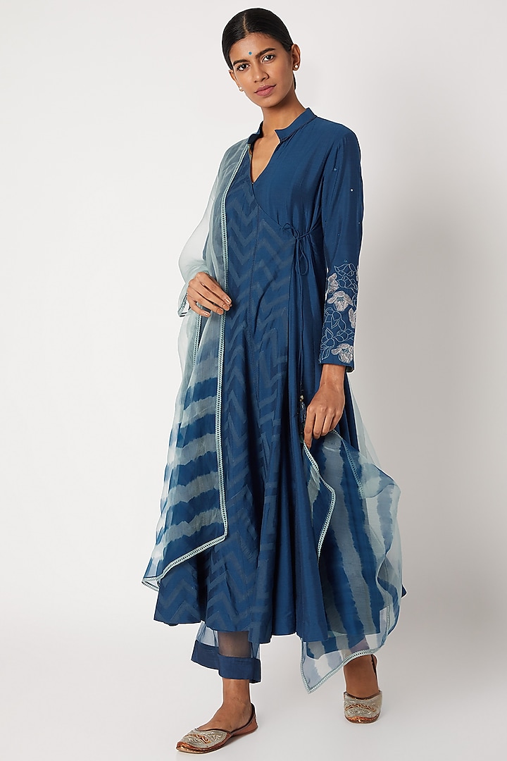 Cobalt Blue Printed & Embroidered Anarkali Set Design by Devnaagri at ...