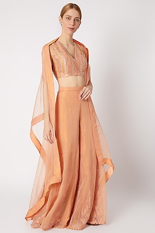 Peach Embroidered Sharara Set by Devnaagri