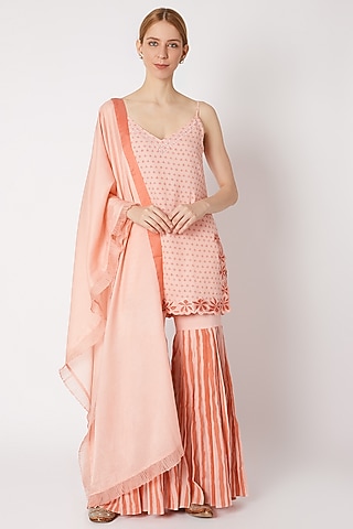 Peach Embroidered & Printed Sharara Set by Devnaagri