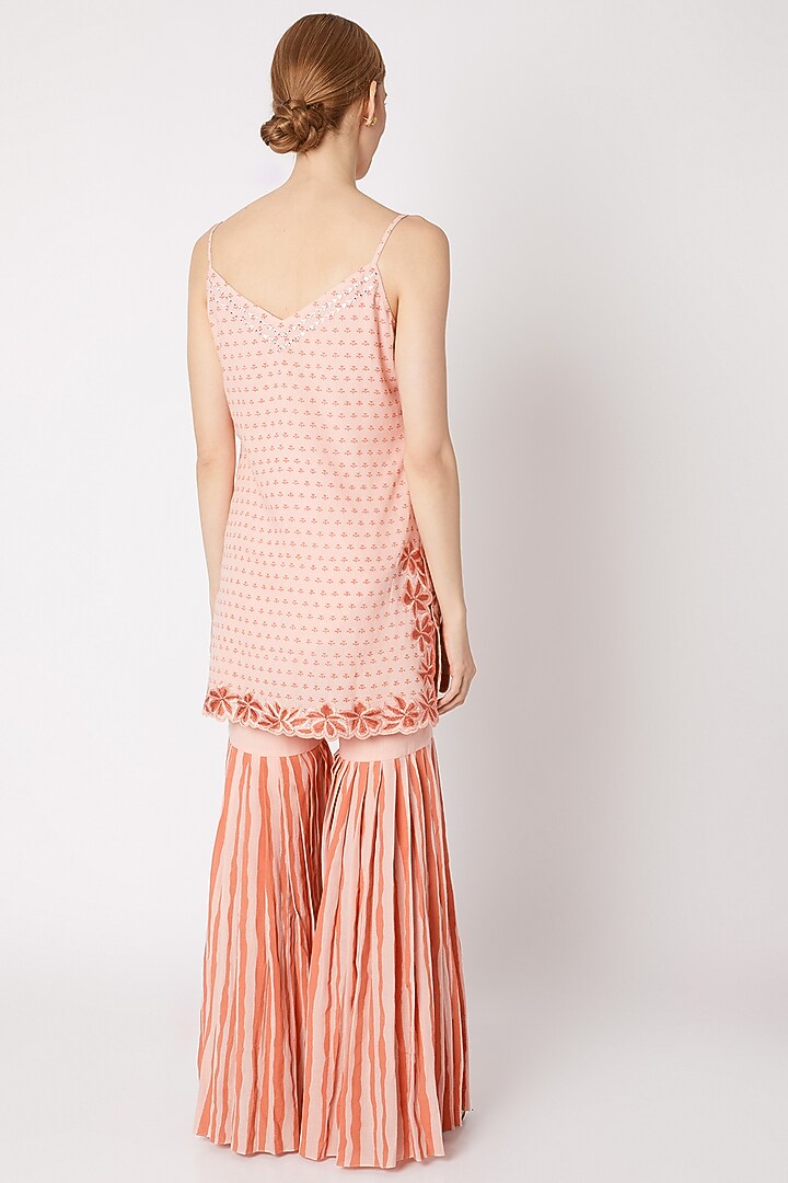 Peach Embroidered & Printed Party Wear Sharara Set by Devnaagri at Pernia's Pop Up Shop